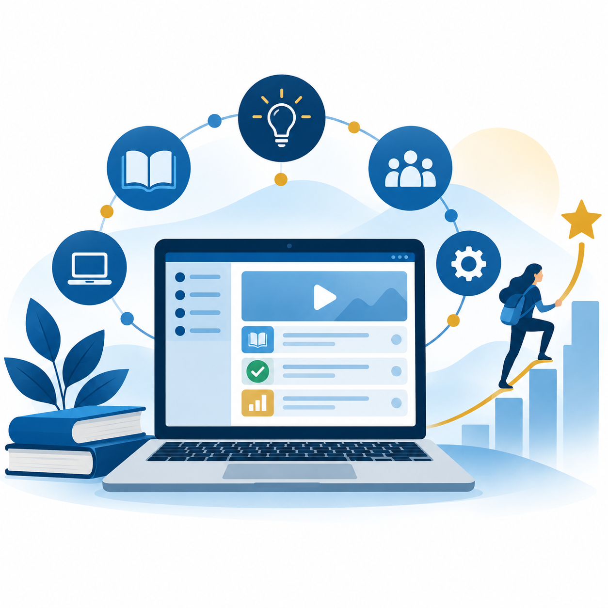 Laptop-based digital learning with connected skills and professional growth.