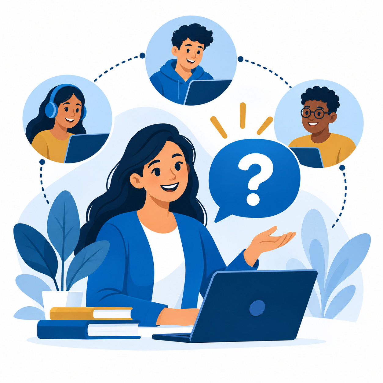 Friendly learner support with a helpful guide and connected learners.